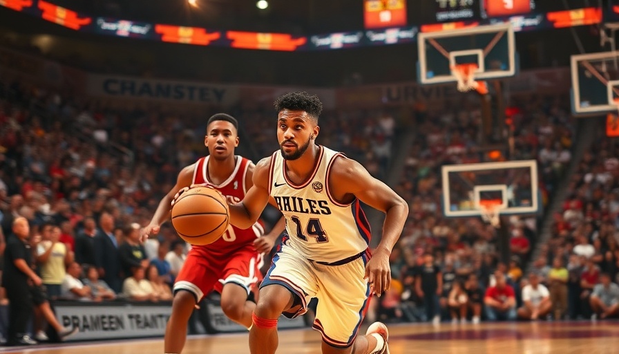 Intense basketball action during a game; Paul George trading Sixers first-round pick context.