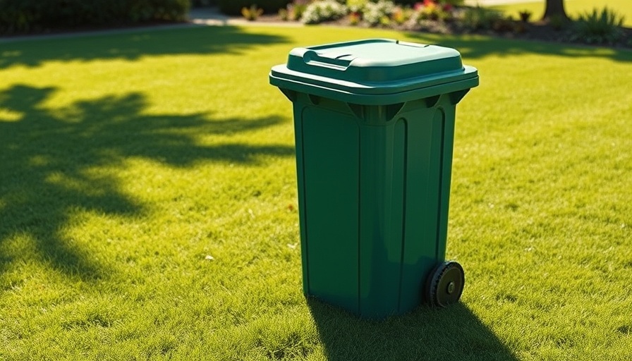 Green trash bin on a lawn in daylight, unrelated to energy assistance.