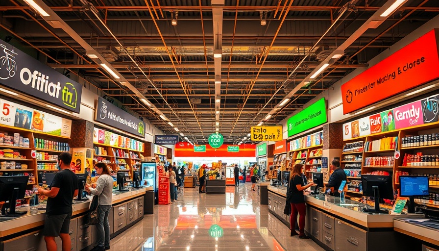 Vibrant retail store interior with colorful signage and busy atmosphere.