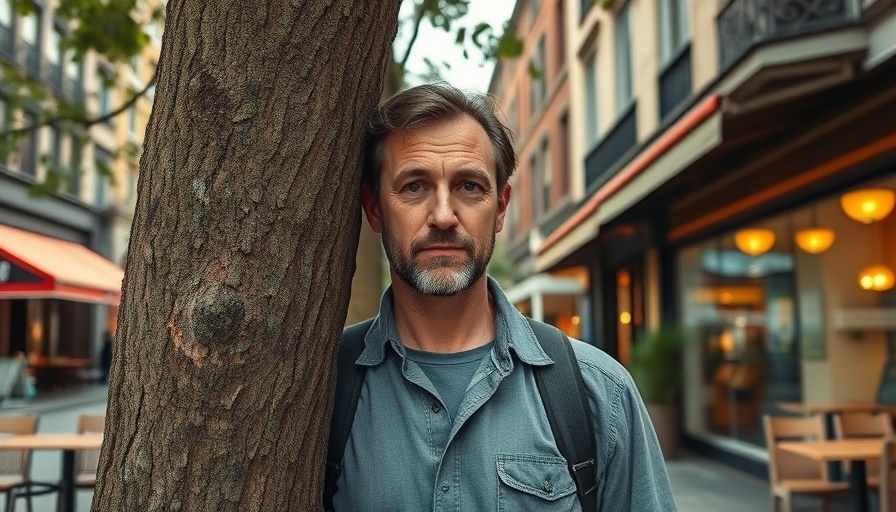 Urban sidewalk scene with man partly hidden by tree, city ambiance.