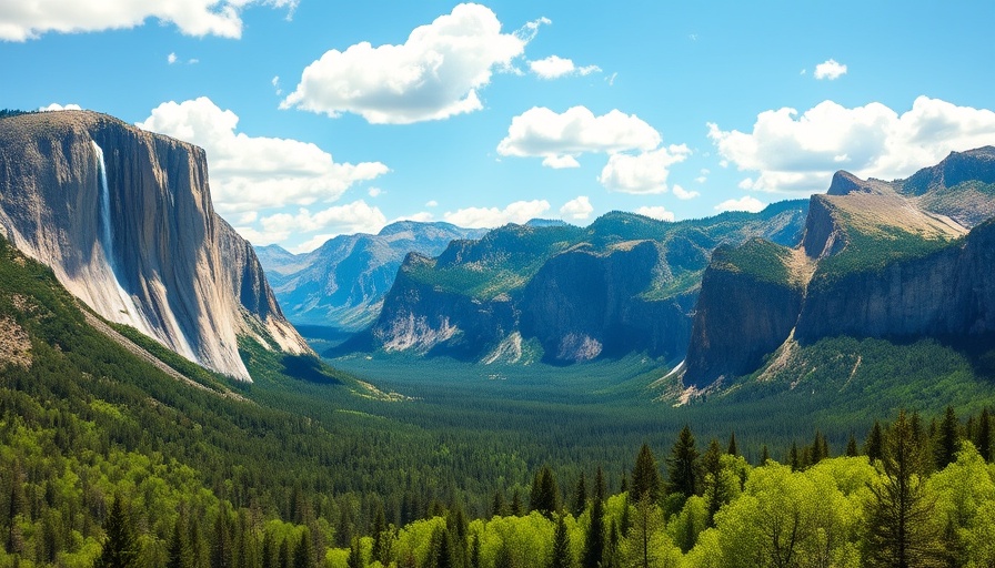 Yosemite Valley scenic view with landmarks under a clear sky.