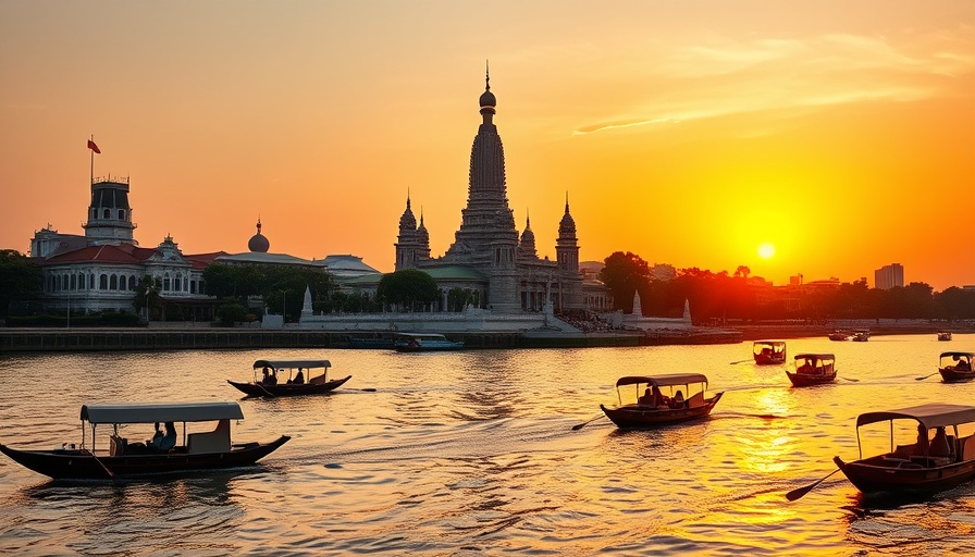 Traveling in Thailand Etiquette: Wat Arun at sunset with boats on river.