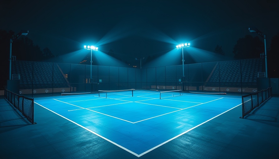 Futuristic padel court at Portres Sports Club Northern Liberties, illuminated at night.