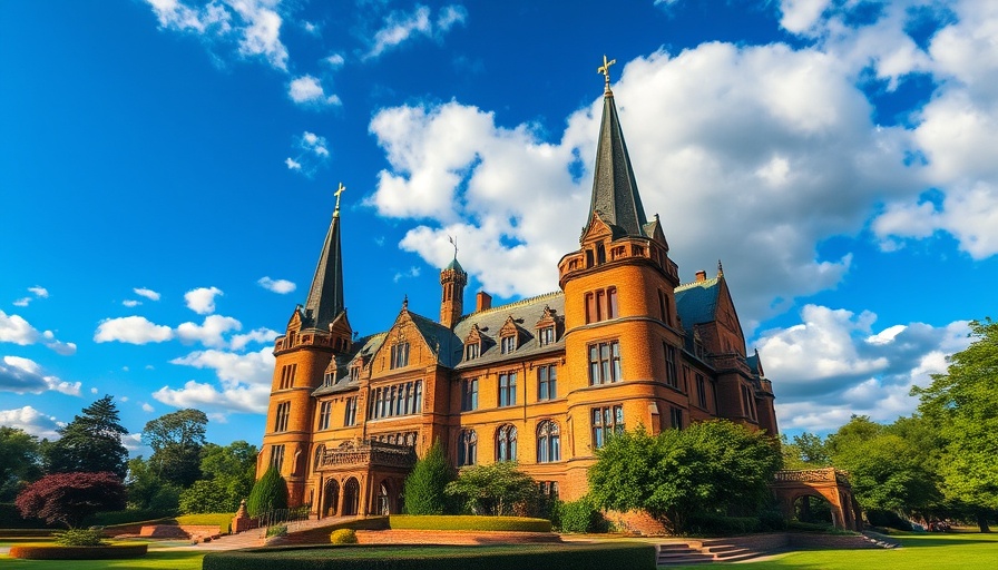 Historic building with spires in vibrant garden setting, Villanova Rosemont Merger.