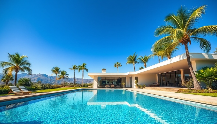 Mid-century modern house and pool in Palm Springs under blue sky.