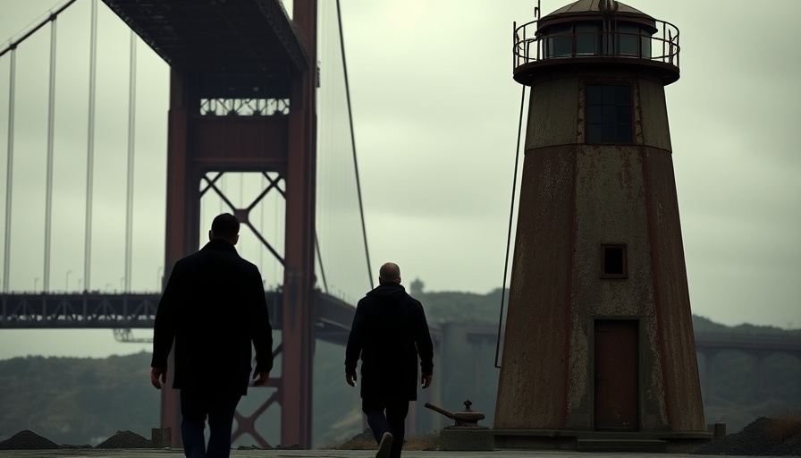 Golden Gate Bridge historical view with lighthouse and overcast sky.