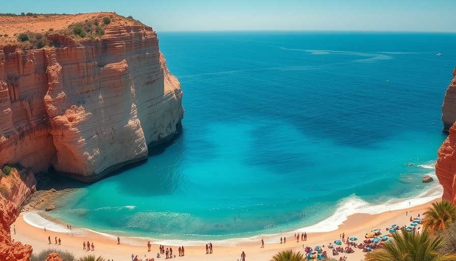 Best beaches in Santorini: lively beach with red cliffs and sea.