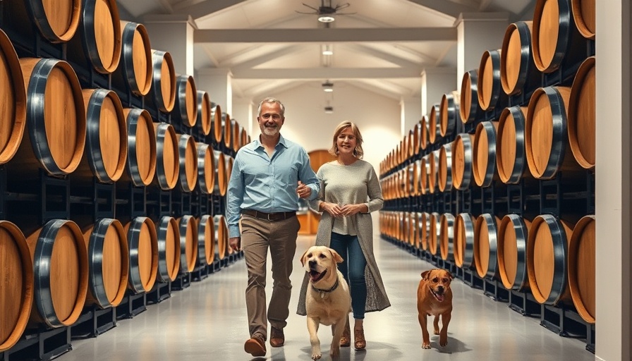Elegant wine cellar with oak barrels and two people, limited-edition wine collaboration.