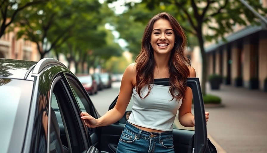 Young woman opening car door in city street