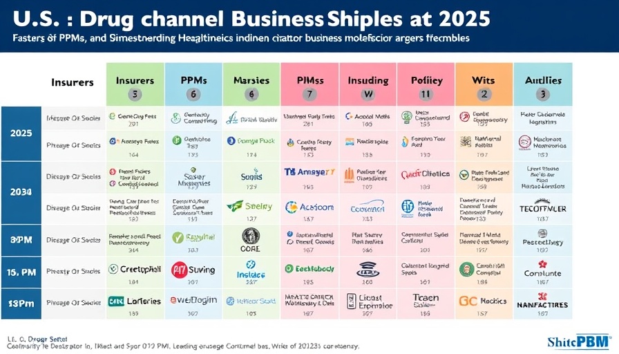 Infographic of U.S. drug channel business relations in 2025 showing insurers and PBMs.