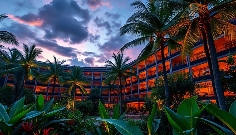 Hawaii's only all-suite resort at dusk with lush gardens.