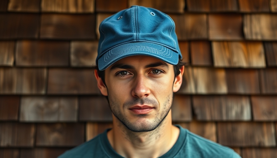 Casual person in blue cap and pink shirt against wooden shingles