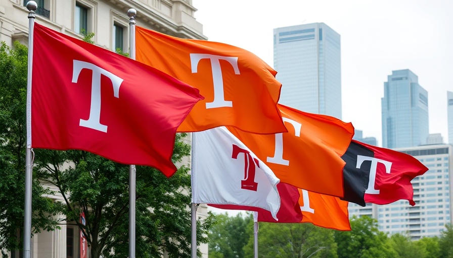 Temple University flags against a building facade.