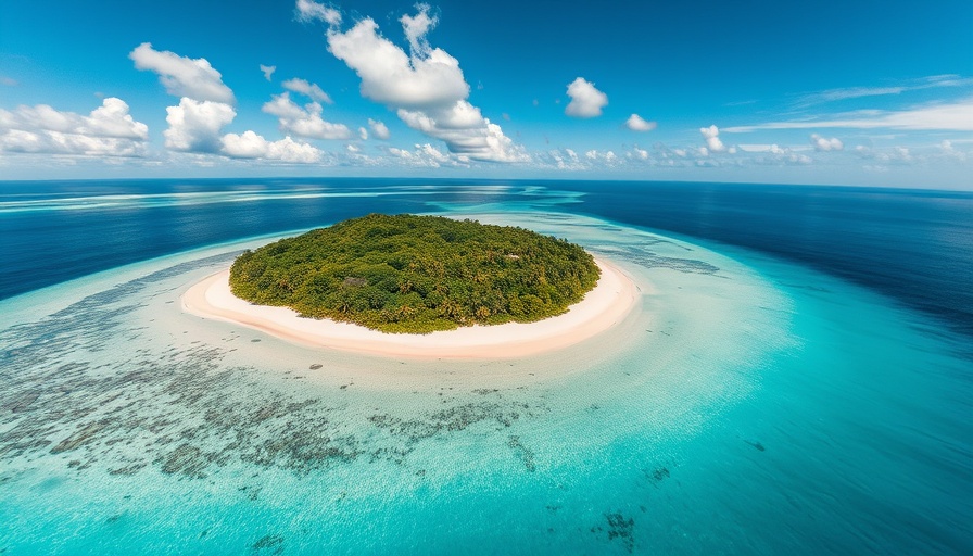 Aerial view of secluded island with beach hotels promoting ocean conservation.