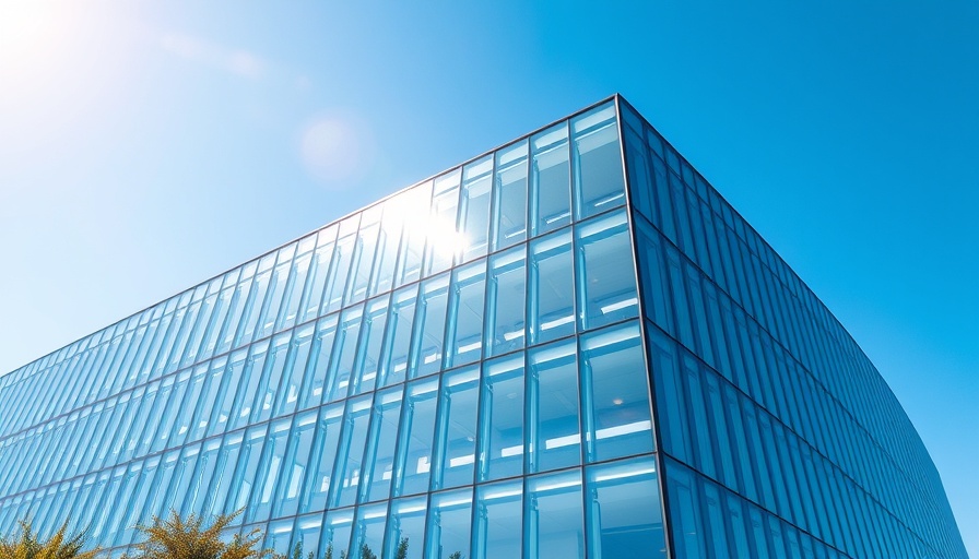 Modern glass building under clear blue sky, architecture.