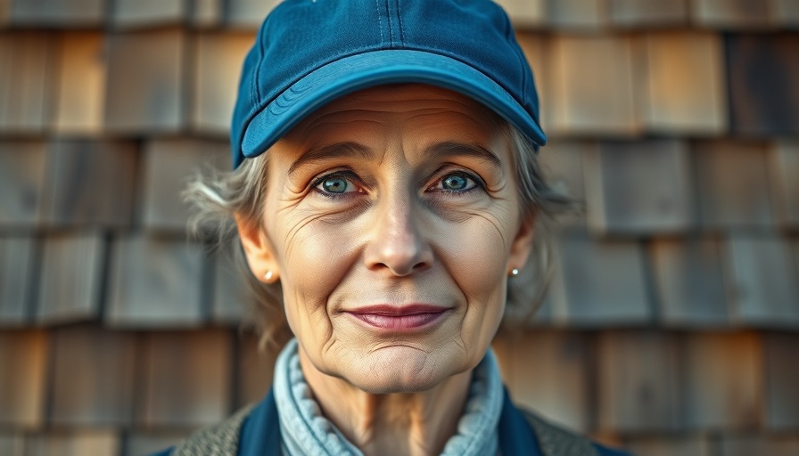 Middle-aged woman with blue cap standing against rustic wooden wall.