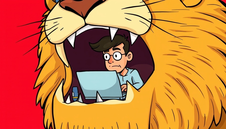 Stylized cartoon of risky investment behavior in lion's mouth.