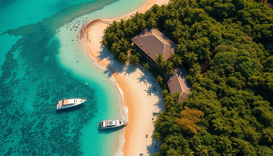 Aerial view of tropical resort and clear blue water - Spring Travel Deals.