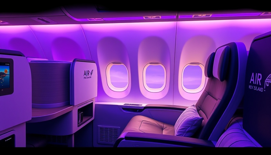 Luxurious Air New Zealand business-class seat with purple lighting.