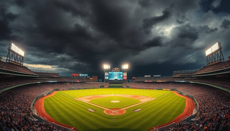 Panoramic view of a baseball stadium with dramatic clouds, capturing a lively game environment.