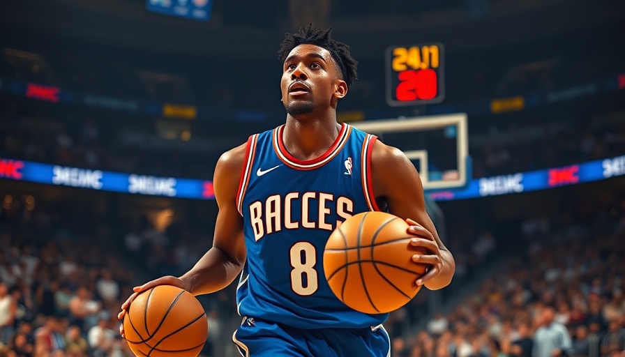 Basketball player in blue jersey, holding ball mid-game, action-focused scene.