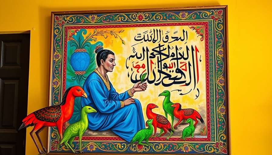 Gulf Quinquennial Art Exhibition piece with vibrant colors and Arabic script.