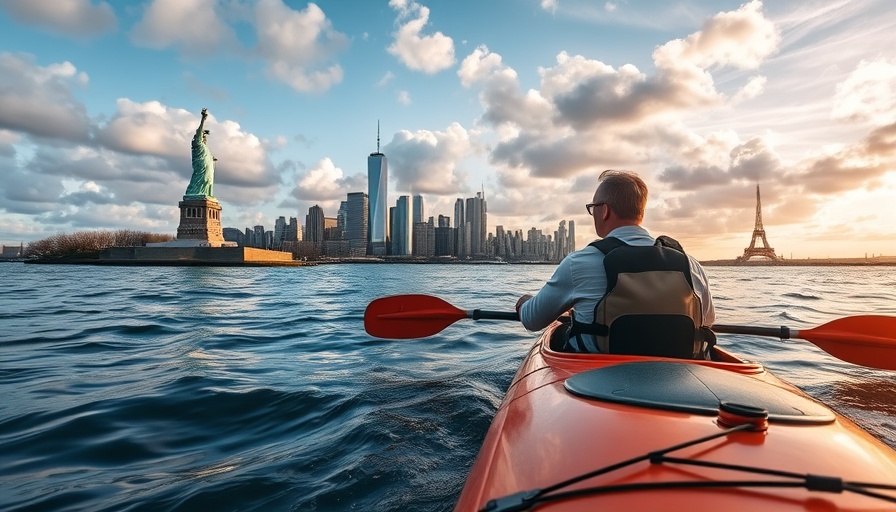Adventurous kayaker approaches Statue of Liberty with NYC skyline, marketing concept.