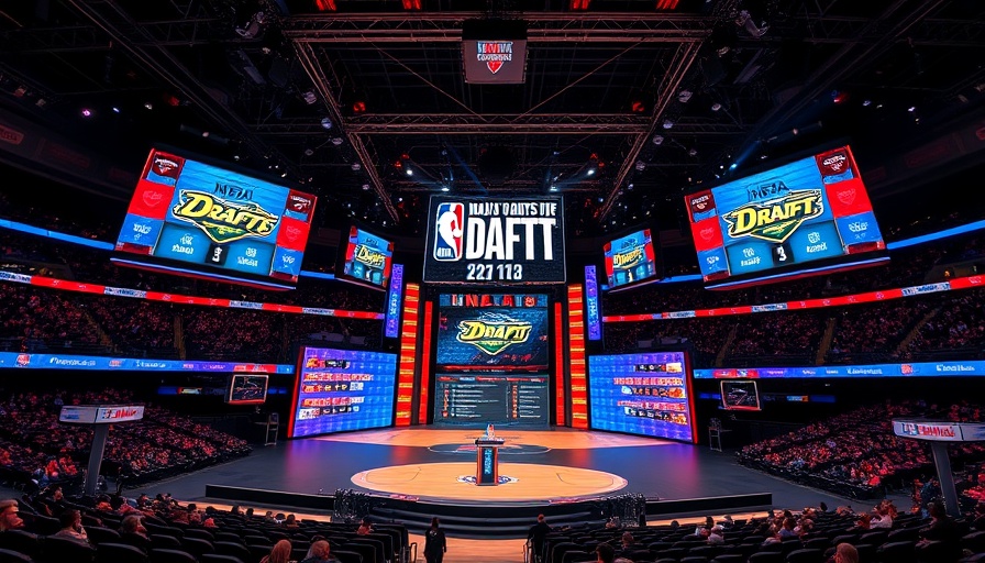 NBA draft lottery stage setup with team displays and podiums.
