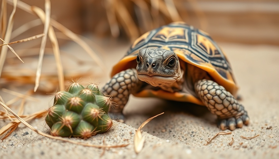Young tortoise eating a cactus in a sandy environment.