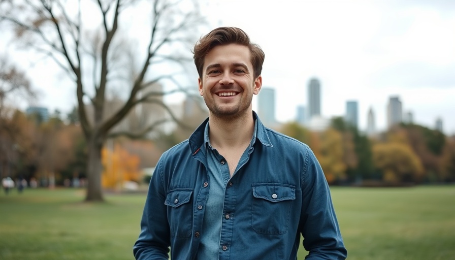 Tyrone Johnson standing in a park with city skyline.