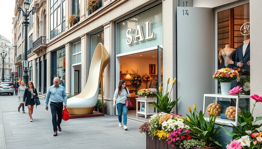 Old City Wedding Stroll scene with boutique and giant shoe sculpture.