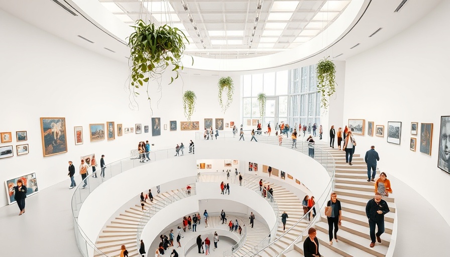 Visitors in a modern art gallery with spiral ramps, impact of mega-galleries on the art community.