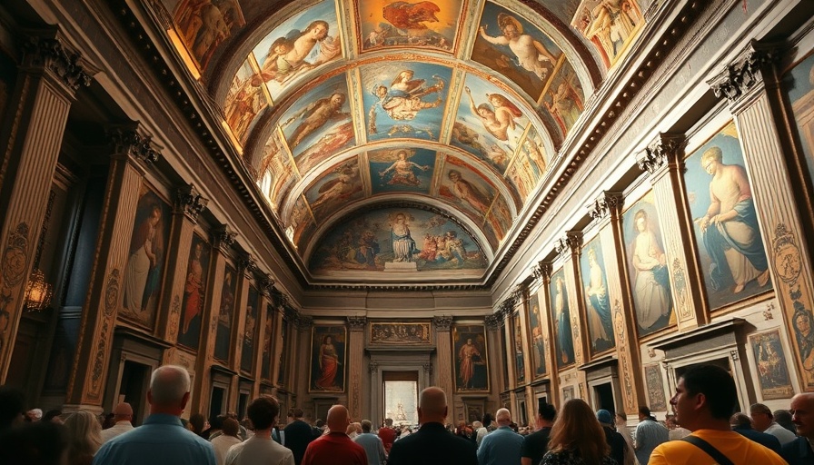 Sistine Chapel vibrant frescoes viewed by visitors, Renaissance art details.