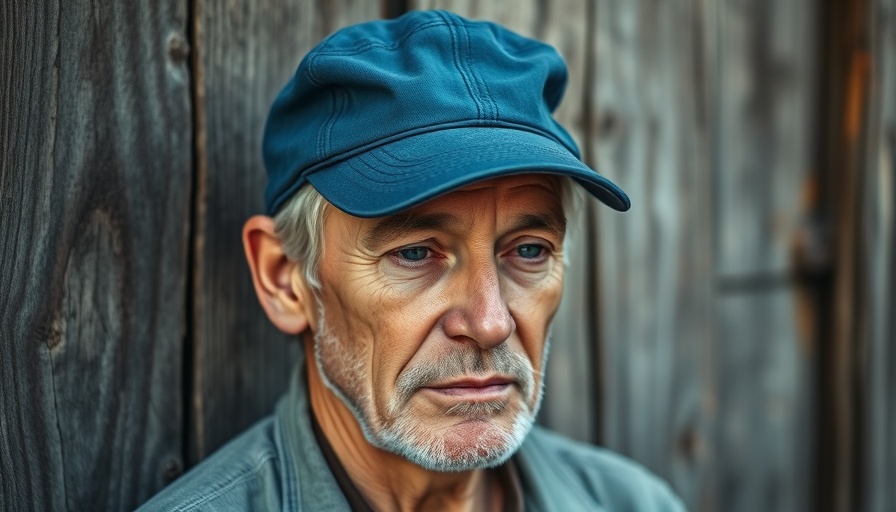 Thoughtful middle-aged person in blue cap against wooden background, insight on wage earners.