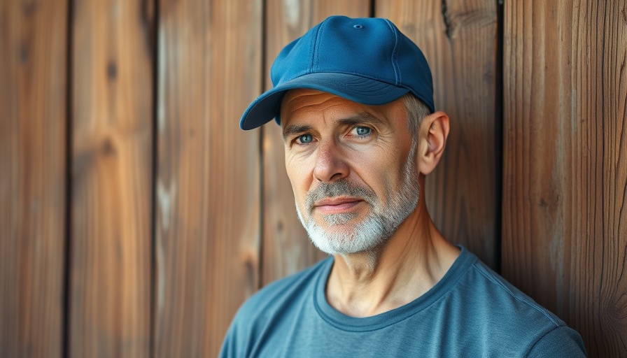 Middle-aged person in blue cap standing by wooden wall.