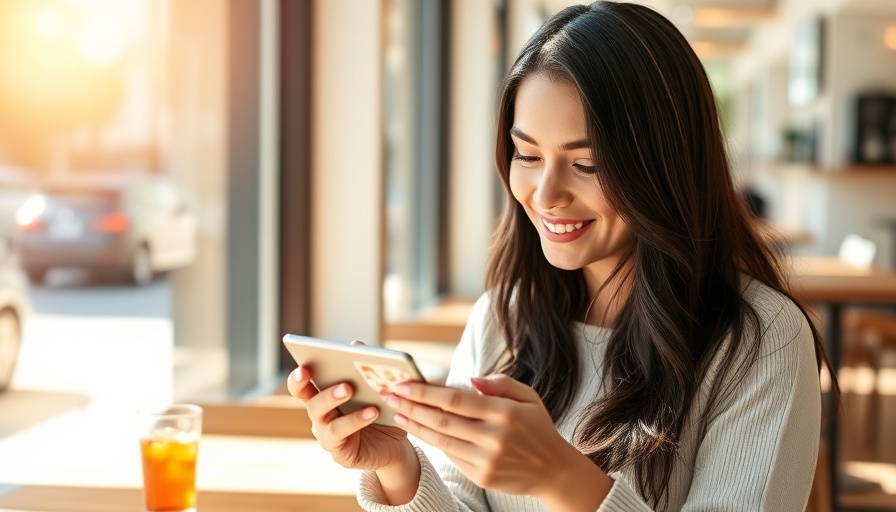 Smiling woman explores Prime Visa welcome offer on phone