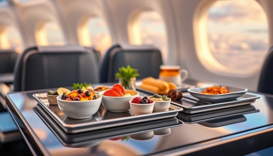 Gourmet meal options for Delta Comfort+ flights on a reflective surface.