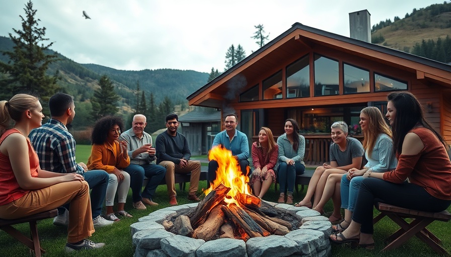 Outdoor gathering at modern house surrounded by lush greenery, emphasizing World of Hyatt Business Credit Card benefits.