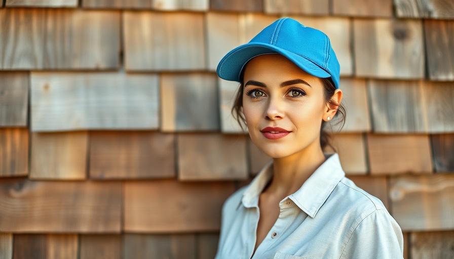 Casual woman in blue cap standing against rustic wood wall.