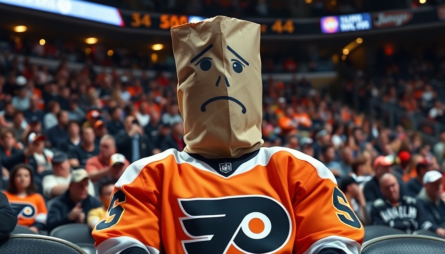 Philadelphia Flyers fan with a paper bag over head in hockey arena.