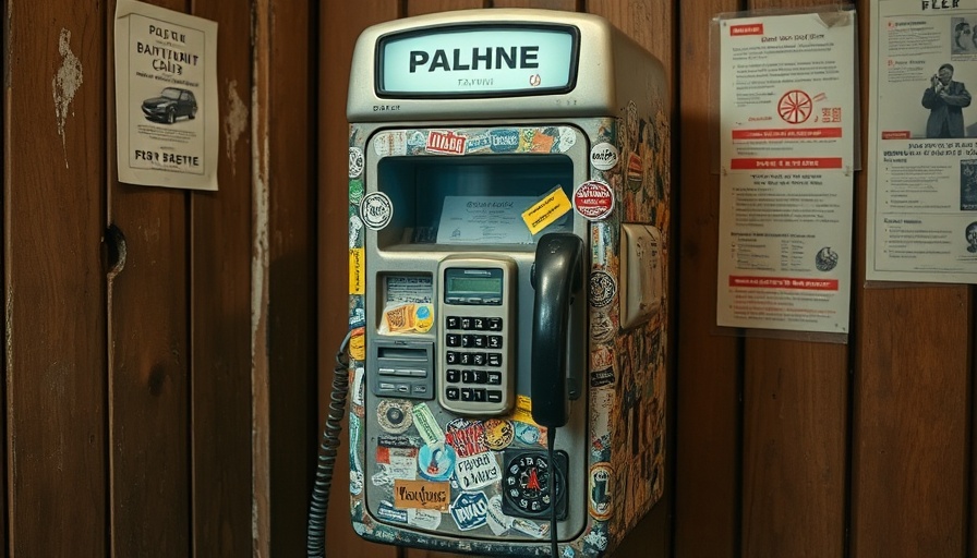 Vintage payphone with stickers, representing urban culture.