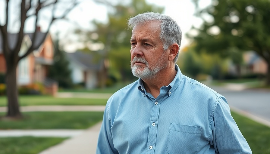 Middle-aged man standing outside in a suburban neighborhood reflecting.