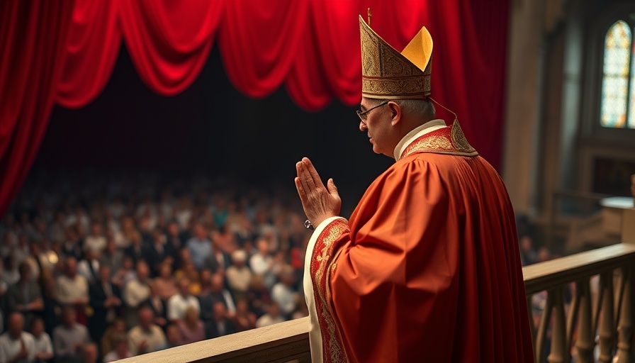 Cardinal giving a blessing on a balcony with red curtain.