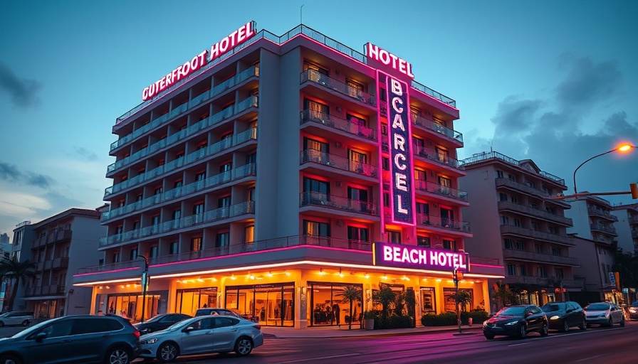 Evening view of modern beachfront hotel with lit facade, signaling Aquarius Oceanfront Inn renovation.