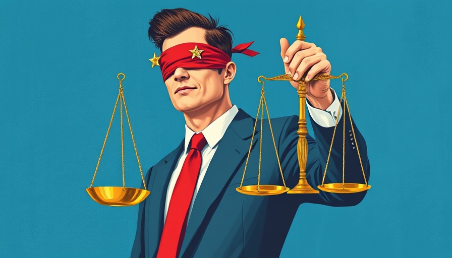 Man blindfolded holding scales, symbolizing justice, in a suit.