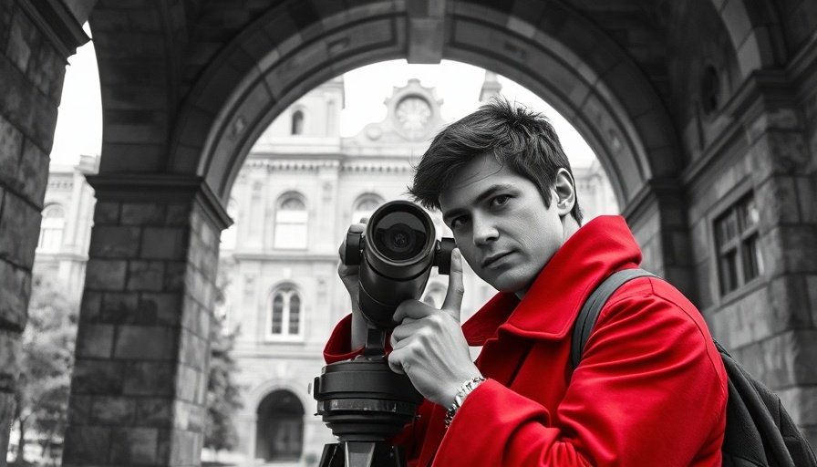 Stanford student in red with telescope under stone archway.