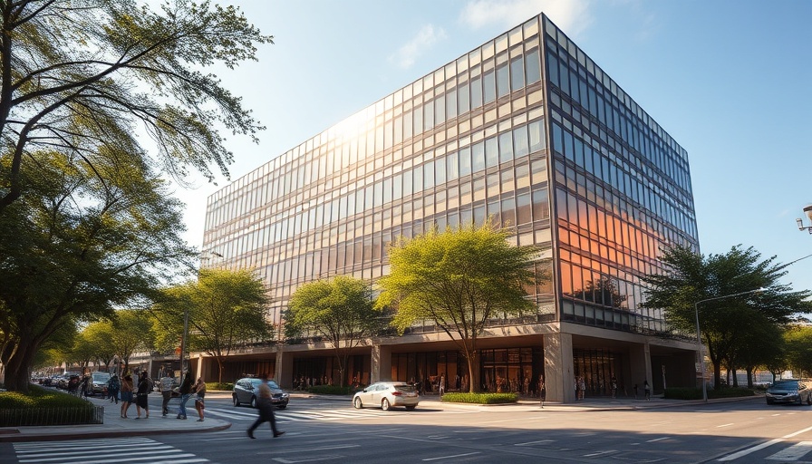 Modern office building in Philadelphia city street, office-to-residential conversion.