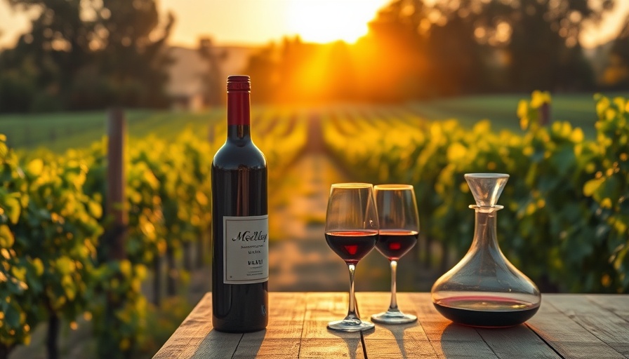 Napa Valley Merlot bottle with vineyard at sunset, 100-point wine.