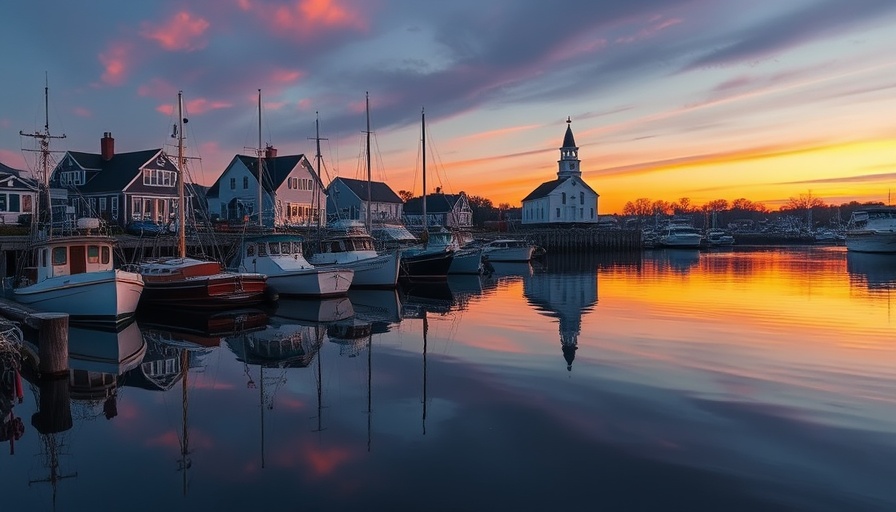 Scenic Cape Cod harbor at sunset with docked boats.