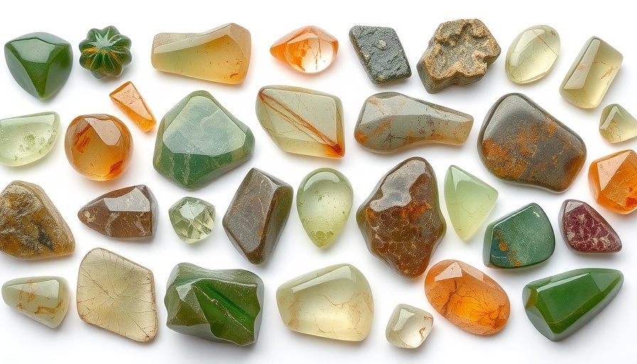 Translucent stone artifacts laid on white background at UCLA Fowler Museum.